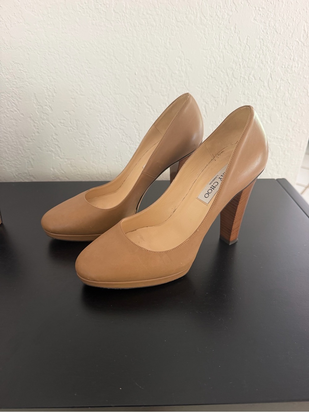 Jimmy Choo Tan Leather Round-Toe High Heel Pumps
